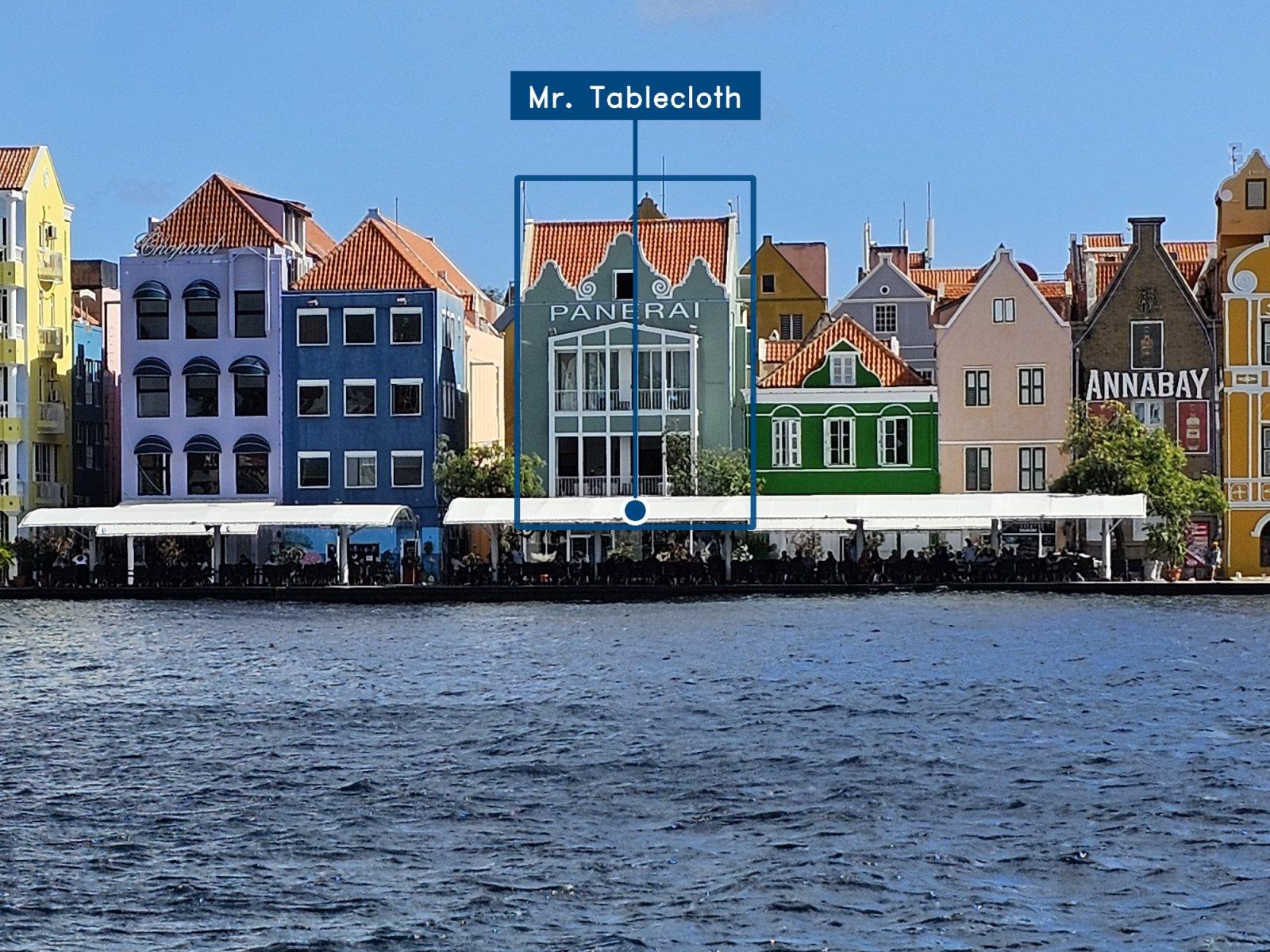The Handelskade waterfront with Mr. Tablecloth marked at street level in the building below the Panerai name
